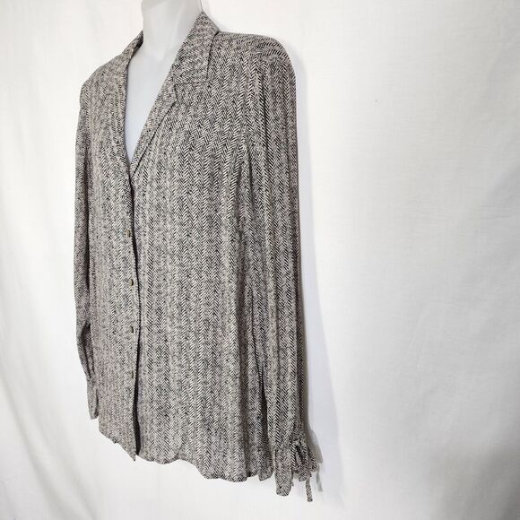 J Jill Womens Top Size XS Herringbone Button Tie Long Sleeve Black Tan V Neck - Picture 5 of 12